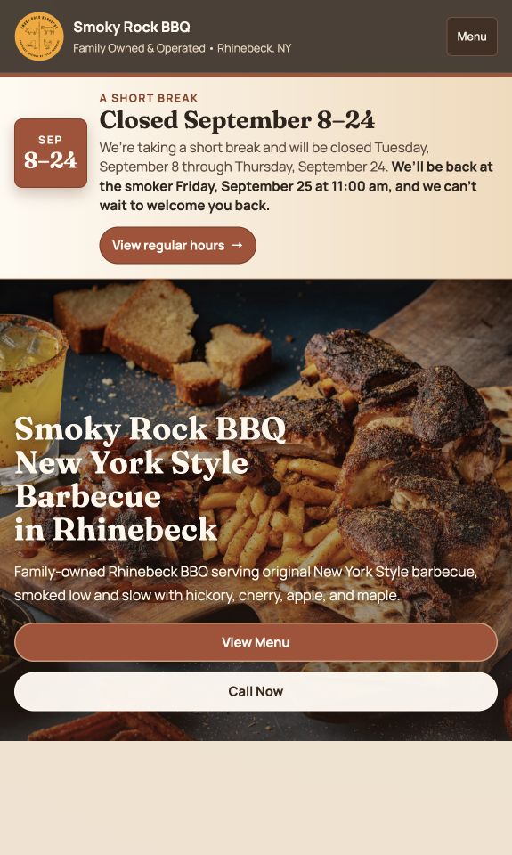 Rebuilt Smoky Rock homepage with timely visit information, food photography, and menu and call buttons